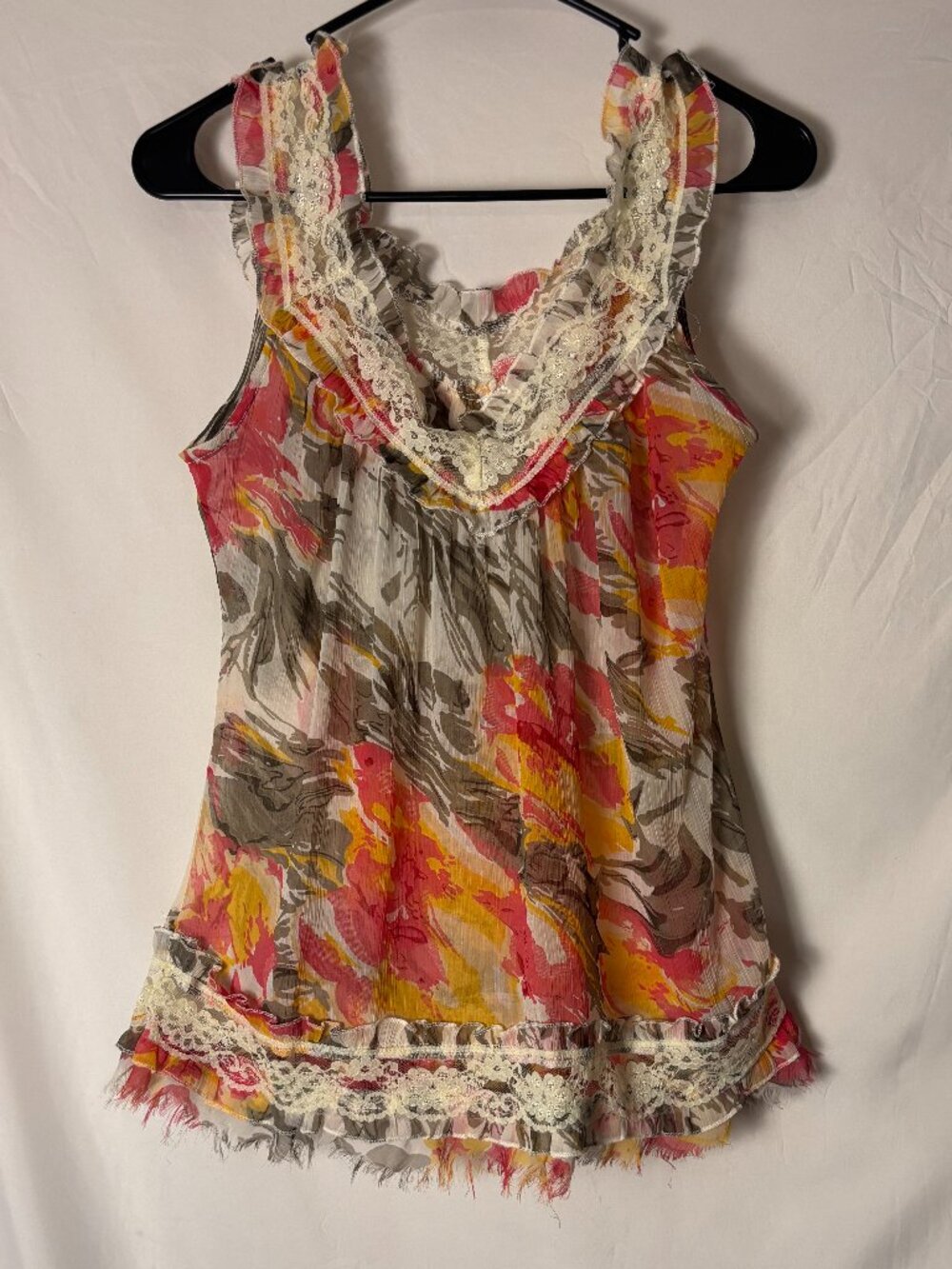 Passport Floral Lace Ruffle Sheer Blouse Tank Top Pink Yellow Gray Size Medium